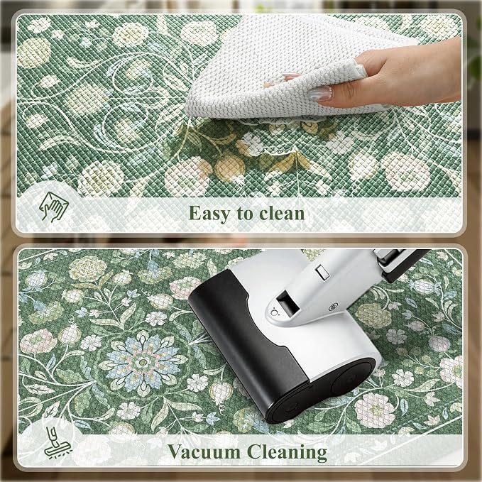 KIMODE Comfort Kitchen Mats for Floor Cushioned Anti Fatigue,Farmhouse Floral Spring Kitchen Rugs Sets of 2 Non Slip,Memory Foam Standing Carpet for Laundry Sink Office,Green