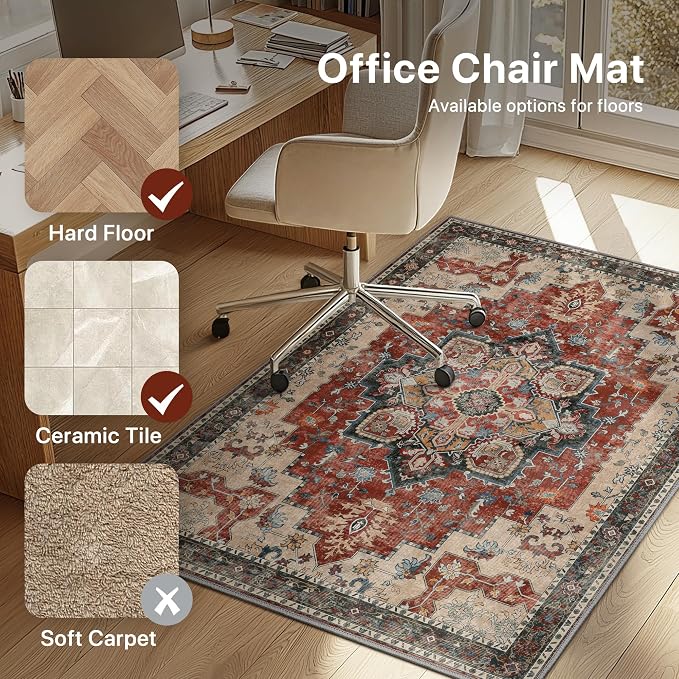 Office Chair Mat for Hardwood Tile Floor, Under Desk Carpet Protector for Rolling Computer Chair Mat, Round Washable Rugs 5ft Circle Area Rug, Anti-Slip 1/5" Thick Low Pile Thin Floor Mat, Annatto