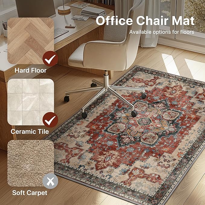 36"x48" Office Chair Mat for Hardwood Tile Floor, Under Desk Carpet Protector for Rolling Computer Chair Mat, Machine Washable Area Rug, Anti-Slip 1/5" Thick Low Pile Thin Vinyl Floor Mat, Annatto