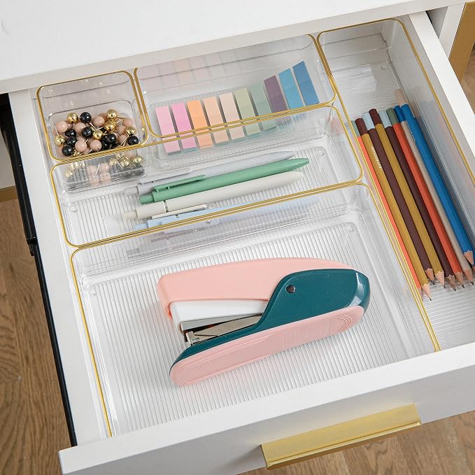 Martha Stewart Kerry Stackable Desk Drawer Organizers, Clear/Gold, 6-Pack | Various Sizes, Gold Trim, Stackable