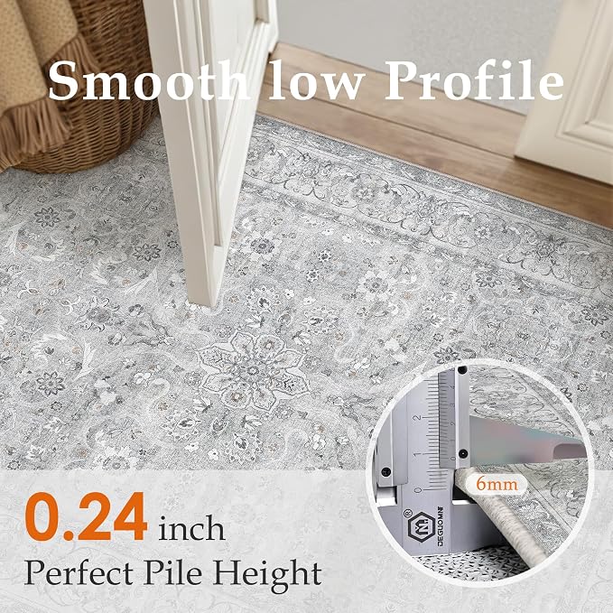 PureCozy Gray 5x7 Area Rug Washable Vintage Living Room Carpet Bedroom Indoor Non Slip Soft Low Pile Thin Stain Resistant Distressed Accent Throw Rug for Dining Office Nursery