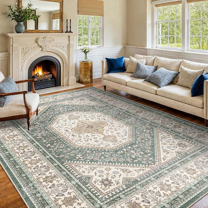 Washable 7x9 Area Rugs for Living Room: Soft Bedroom Rug Non Slip Rugs with Rubber Backing Ultra Thin Low Pile Carpet for Dinging Room Home Office Decor Green/Beige