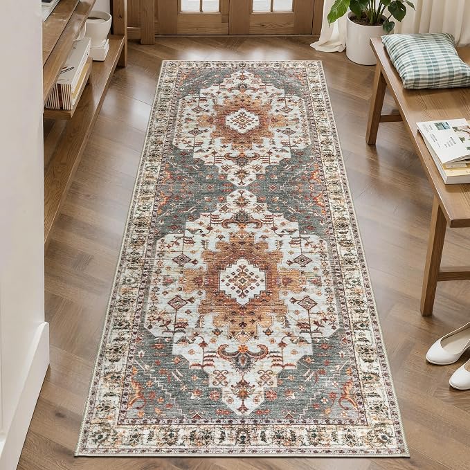 Tangsoo 2x5 Washable Runner Rug for Hallways, Non Slip Vintage Rugs, Soft Low Pile Long Rug Runner, Print Distressed Turmeric Carpet Runners for Kitchen Bedroom Entryway Bathroom Living Room