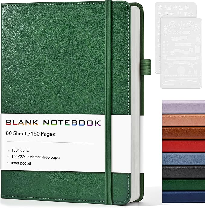 Journal Notebook, A5 Leather Hardcover Blank Sketchbook, 160 Pages, 180° Lay-Flat Binding, 100 GSM Thick Paper, for Sketching, Drawing, Art Journaling & Creative Writing (Green)