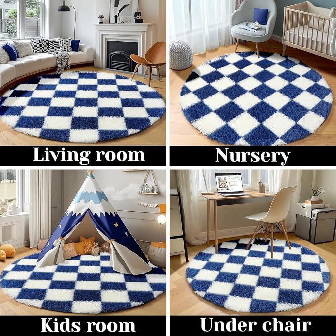 KICMOR Round Rug 4ft for Bedroom, Soft Fluffy Circle Area Rug Cute Small Living Room Carpet, Blue and Cream White Fuzzy Shag Shaggy Checkered Circular Rug for Kids Room Nursery Home Decor Aesthetic