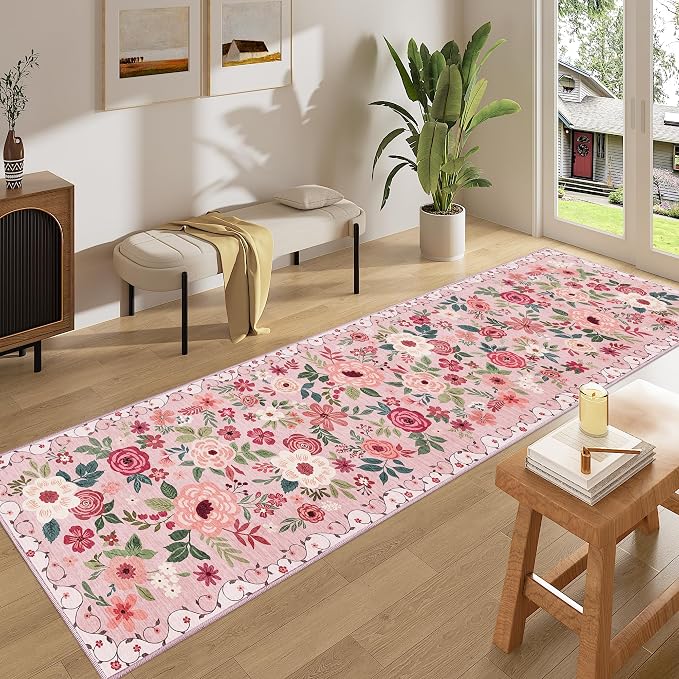 DUKINO 2x8 Runner Rug for Hallway, Washable Kitchen Runner Rug with Rubber Backing Non Slip, Low Pile Soft Boho Floral Thin Carpet for Entryway, Hallway, Bathroom, Laundry Room, Pink