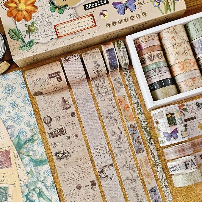 Bomichi 32 Roll Vintage Washi Tape Set Decorative Masking Paper Rainbow Colors Aesthetic Adhesive Ribbon Scrapbook Junk Journal Bullet Planner Diary DIY Craft Card Making Gift Wrapping Supplies