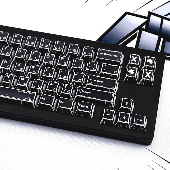 Black Japanese Manga Keycaps, Custom PBT Dye Sublimation Key caps 130 Keys, Cherry Profile Keycap Set Fit for 61/64/87/104/108 Cherry MX Switches Mechanical Keyboard