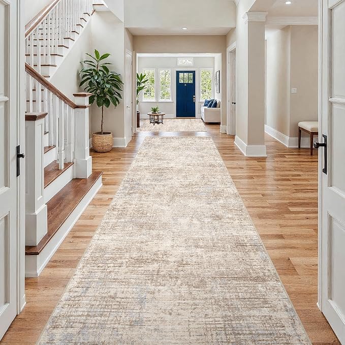 4x12 Hallway Washable Runner Rug - Non-Slip Kitchen Rugs with Rubber Backing Abstract Low-Pile Carpet Runners for Laundry Room Home Decor Bedroom Bathroom Entryway (Ivory Beige Distressed,4x12)