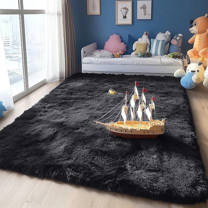 OLANLY 4x7 Area Rugs for Living Room Bedroom, Machine Washable Soft Fluffy Shaggy Bedside Rug, Indoor Floor Carpet for Kids Girls and Boys, Dorms, Nursery Rooms, Home Decor Aesthetic, Black