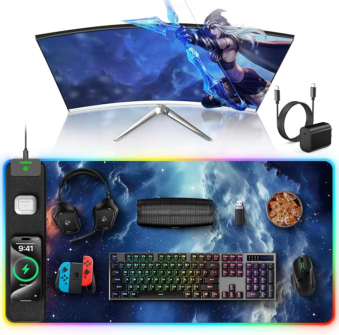 Wireless Charging Mouse Pad, RGB Gaming Mousepad Home Office Desk Pad, 31.5” x 15.8” XXL Large Desk Mat, Waterproof Keyboard Pad, Blue Nebula(Includes 20W PD Power Adapter & 6.56ft Woven Cable)