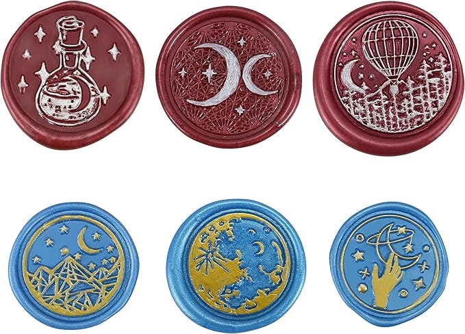 Yoption 6 Pcs Wax Seal Stamp Set, Vintage Moon and Star Sealing Wax Stamps Kit, Wooden Handle with Brass Head for Wedding Christmas Invitation Gift Cards