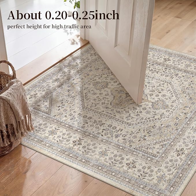 4X4 Square Rug for Living Room - Washable Kitchen Area Rug with Non Slip Rubber Backing for Bedroom Indoor Soft Stain Resistant Carpet Desk Rug for Pet-Friendly and Kitchen Decor Beige/Gray