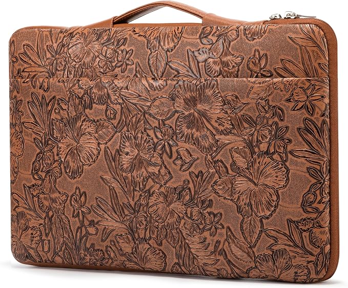 Kinmac Embossed PU Leather 360° Heavy Duty Protective Laptop Sleeve with Poacket (Coffee Flower, 15 inch-15.6 inch)