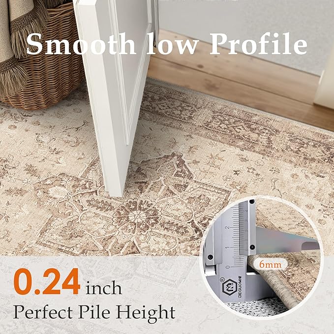 PureCozy Brown 6x9 Area Rug Washable Vintage Living Room Carpet Non Slip Retro Distressed Low Pile Soft Oriental Medallion Thin Large Throw Rug for Office Bedroom Dining Room Playroom