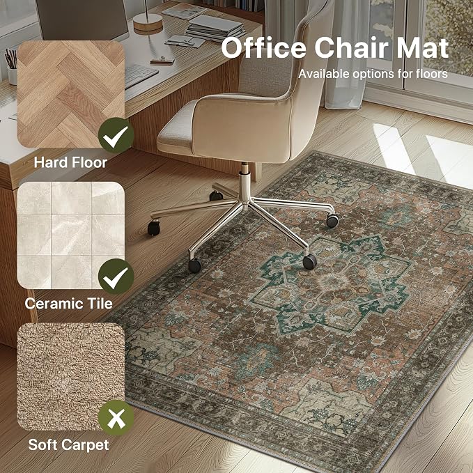 36"x60" Office Chair Mat for Hardwood Tile Floor, Under Desk Carpet Protector for Rolling Computer Chair Mat, Machine Washable Area Rug, Anti-Slip 1/5" Thick Low Pile Thin Vinyl Floor Mat, Rosewood