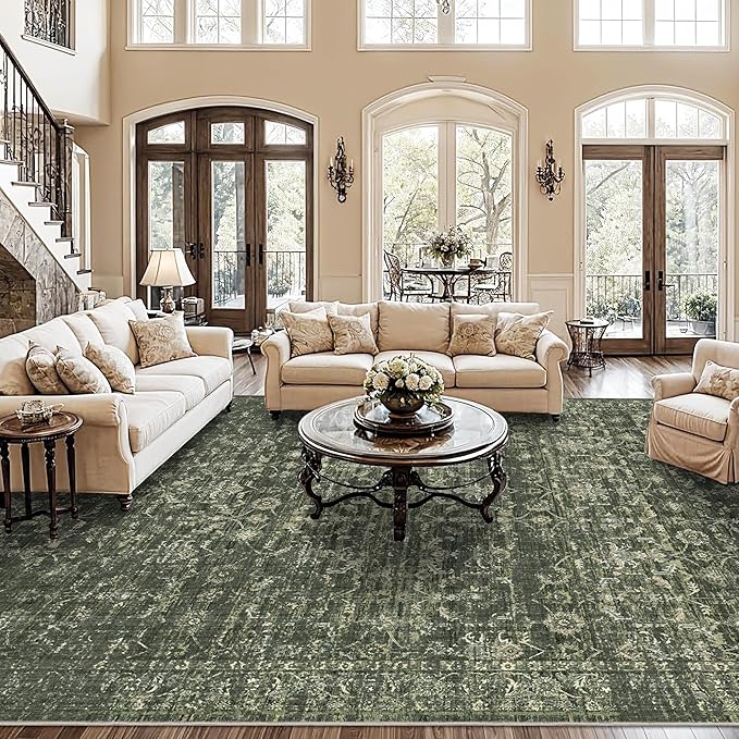 10x12 Green Washable Area Rugs for Living Room Vintage Boho Non Slip Large Rug Distressed Floral Carpet Indoor Retro Soft Low Pile Farmhouse Throw Rug for Bedroom Dining Nursery Office
