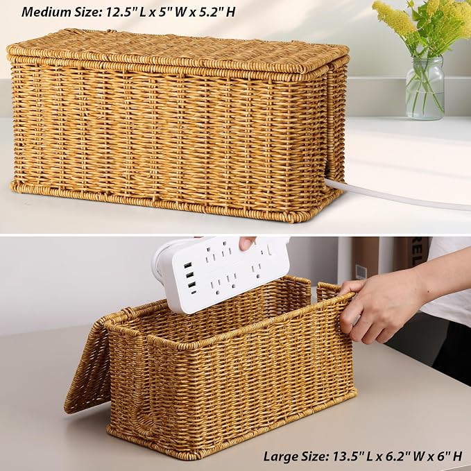 ZhiYo Rattan Cable Management Box, Cord Organizer, Nature, 2 Pack (M&L) | Handwoven imitation rattan cord hider box conceals power strips and cables for a clean desk or floor setup