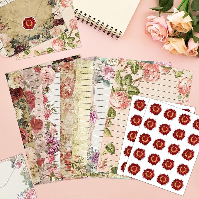 FUNCLASS 160 Pcs Stationery Set Letter and Envelopes – 50 Lined Stationery Paper and 50 Matching Envelopes, 5.5 x 8.25 Inches Letter Writing Stationery for Home, Office, School (Vintage Floral)