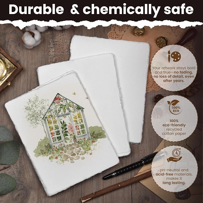 LEATHER VILLAGE Watercolor Paper - 7.5 X 11.5 inches, 50 Sheets - Mixed Media Watercolor Paper - 150 GSM Thick Deckle Edge Virgin Cotton Handmade Paper - White