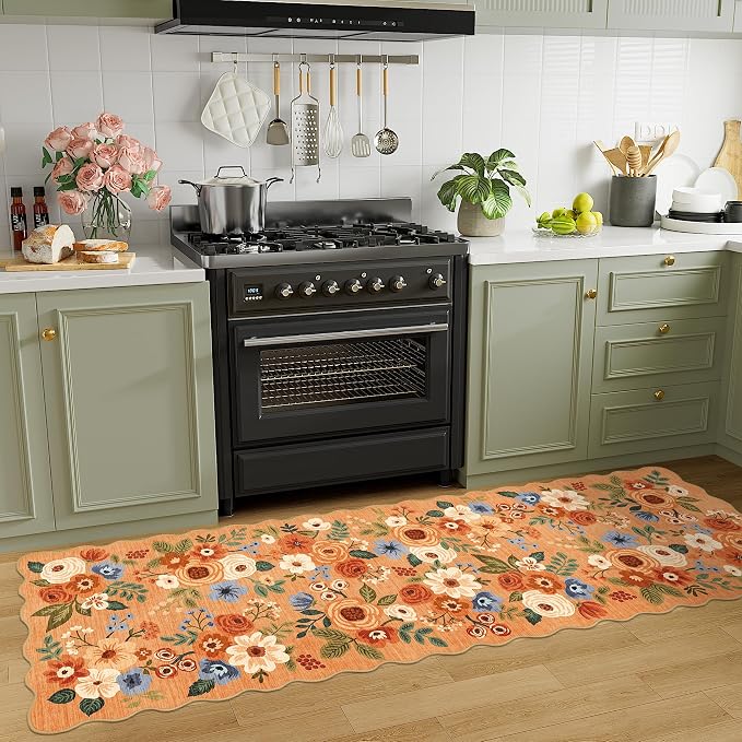 DUKINO 2x10 Runner Rug for Hallway, Washable Kitchen Rug with Non Slip Backing & Non-Shediing, Soft Low Pile Floral Design Runner for Bedroom, Kithchen, Living Room, Laundry, Bathroom, Orange