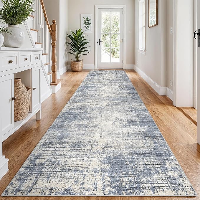 3x12 Hallway Washable Runner Rug - Non-Slip Kitchen Rugs with Rubber Backing Abstract Neutral Low-Pile Carpet Runners for Laundry Room Home Decor Bedroom Bathroom Entryway (Blue Gray,3x12)