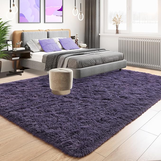 Tepook 4x6 Area Rugs for Living Room, Soft Fluffy Shag Gray Purple Rug for Bedroom Nursery, Modern Shaggy Plush Upgraded Non-Slip Carpet for Girls Boys Kids Room Dorm Home Decor