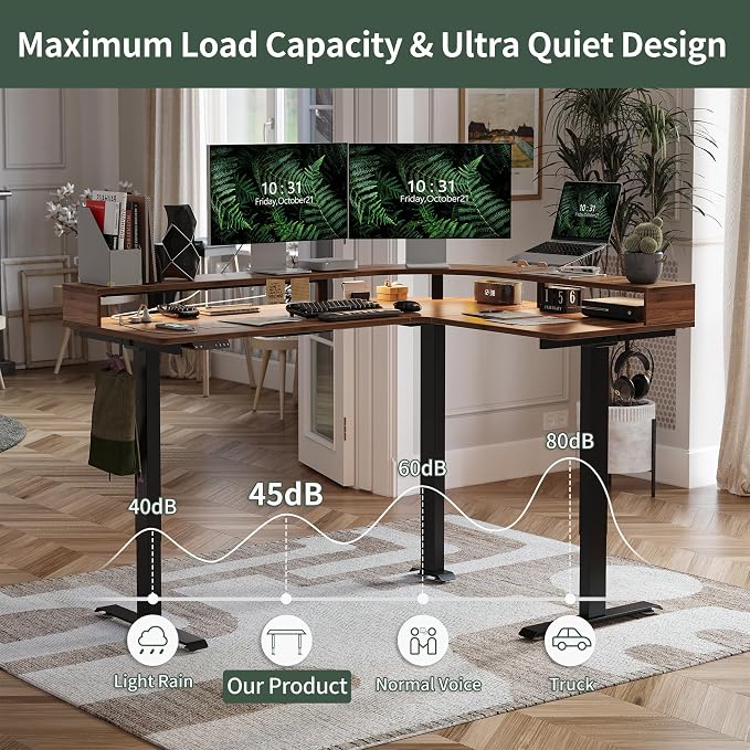 FEZIBO 63"x49" L Shaped Standing Desk with Arc LED & Power Outlet, Electric Height Adjustable L Shaped Desk with Monitor Stand, for Gaming Office, Black Walnut（2 Packages）