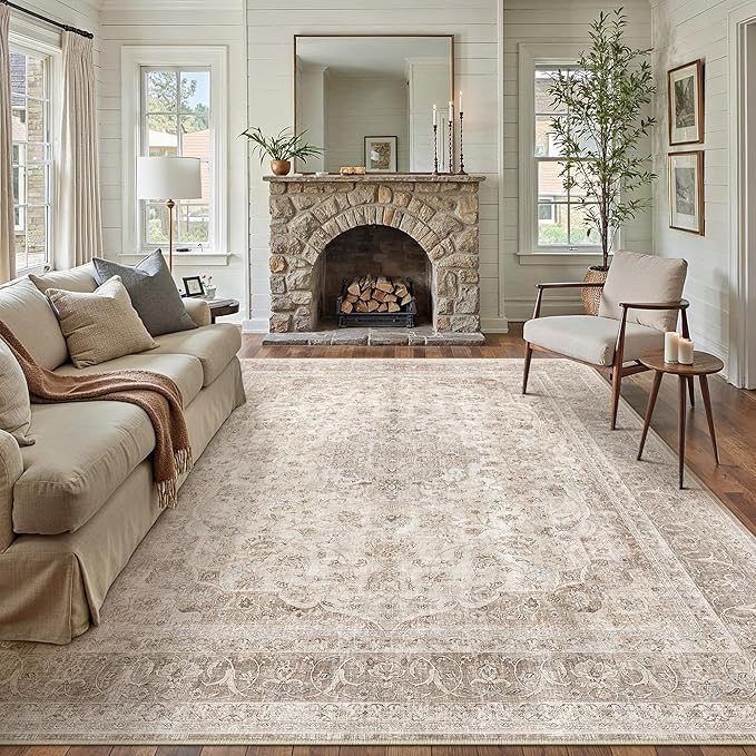 PureCozy Beige Area Rug 7x9 for Living Room Washable Vintage Carpet Low Pile Non Slip Distressed Soft Traditional Retro Oriental Large Accent Throw Rug Office Bedroom Dining Room Playroom