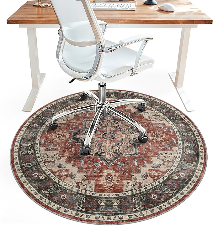 Office Chair Mat for Hardwood Tile Floor, Under Desk Carpet Protector for Rolling Computer Chair Mat, Round Washable Rugs 4ft Circle Area Rug, Anti-Slip 1/5" Thick Low Pile Thin Floor Mat, Annatto