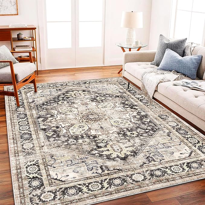 Washable Area Rug 10'x14' Black-Purple Khaki Retro Flowers Boho Design Non-Shedding Easy Care Ideal for High Traffic Areas in Living Room Bedroom Office Coffee Table Kitchen Large Carpet