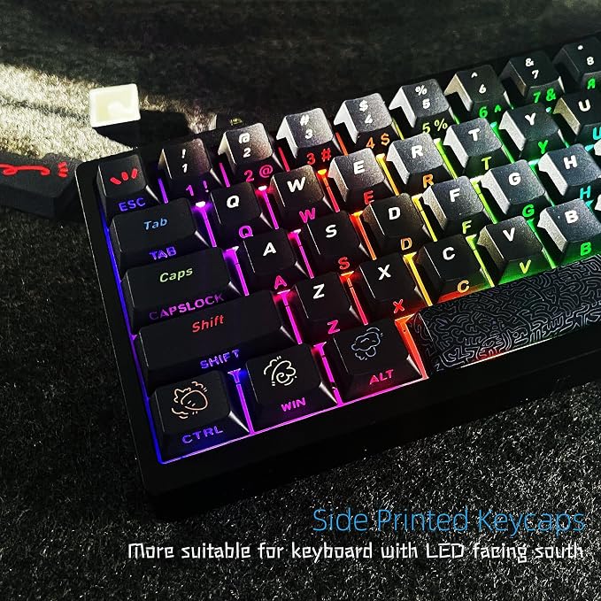 Womier Shine Through Keycaps Black Graffiti Cute PBT Keycaps 60 65 75 100 Percent, Cherry Profile Dye-Sublimation Custom Key caps Set for Cherry Gateron MX Switches Mechanical Keyboard-Black