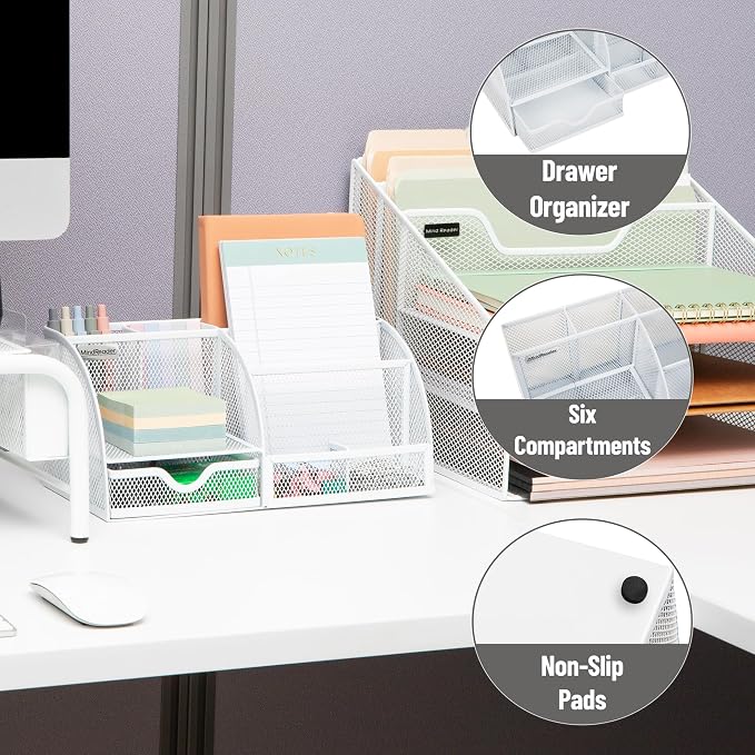 Mind Reader 7-Compartment Desktop Organizer, Metal Mesh, White | Desk Organizer for Pens, Sticky Notes, Mail, Office Supplies