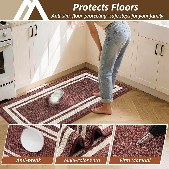 COSY HOMEER Kitchen Rugs Non-Slip 24x35/24x60 Inch Thick Polypropylene Standing Mat for Home Machine Washable, Red Frame