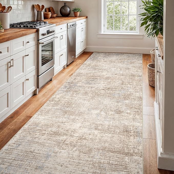 4x10 Hallway Washable Runner Rug - Non-Slip Kitchen Rugs with Rubber Backing Abstract Low-Pile Carpet Runners for Laundry Room Home Decor Bedroom Bathroom Entryway (Ivory Beige Distressed,4x10)