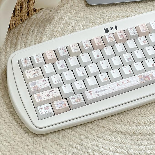 Pink PBT Keycaps 150 Keys, Little Bear Theme Dye Sublimation Keycap Set, Cute Cherry Profile Key Caps, Custom Keyboard Keycaps for ANSI/ISO Layout Cherry MX Switches Mechanical Keyboard