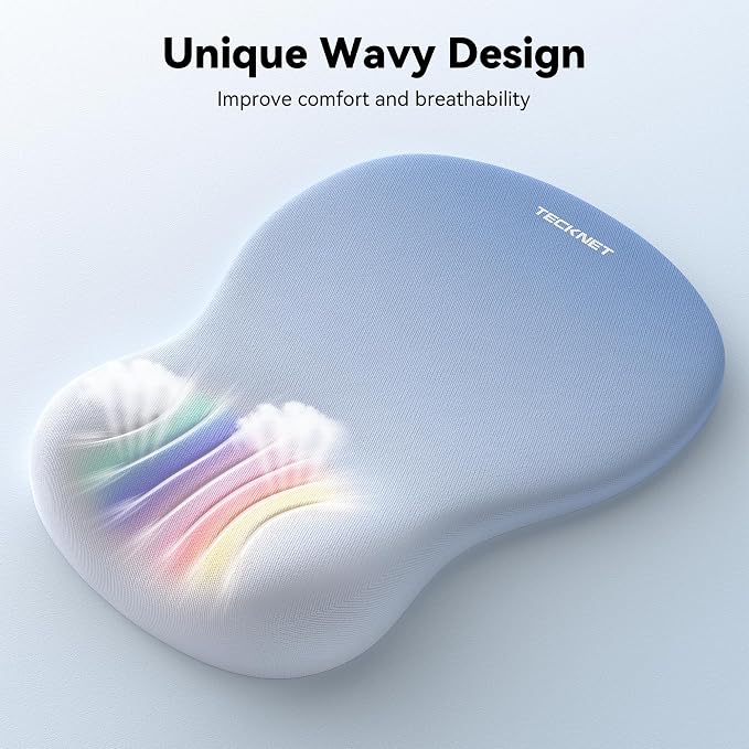 TECKNET Ergonomic Mouse Pad with Wrist Rest, Memory Foam Mousepad with Wrist Support, Smooth Surface, Middle Concave & Non-Slip Base for Laptop/PC, Pain Relief for Home Office Gaming, Blue