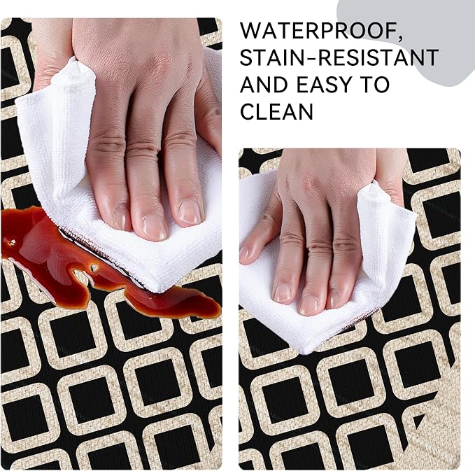 Black Vintage Geometric Elegance Grid Kitchen Rug Sets [2 PCs], Anti-Fatigue, Waterproof Non-Slip Kitchen Mats Heavy Duty Comfort Foam Rug for Kitchen, Floor, Laundry,17"x29"+17"x47"