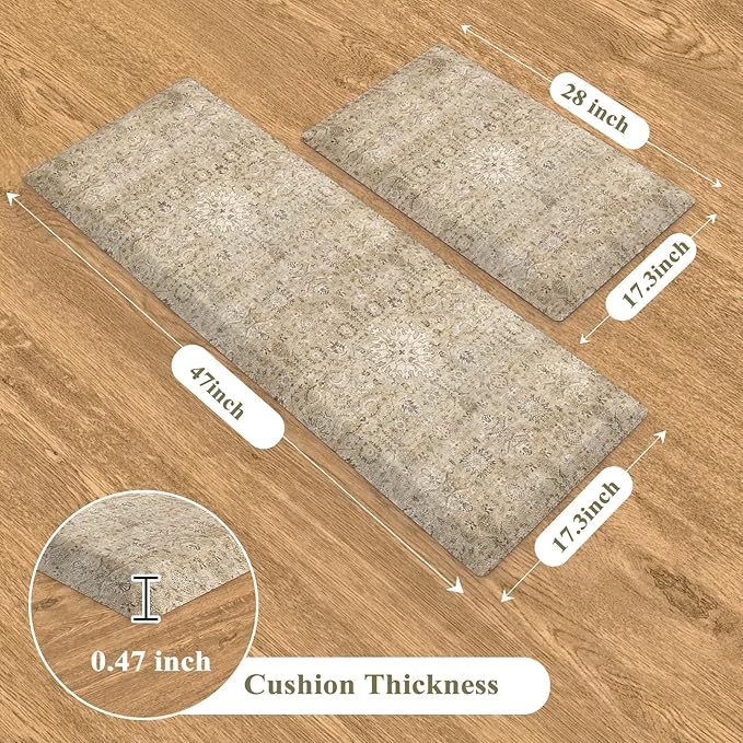 Collive Kitchen Mats for Floor 2PCS, Cushioned Anti Fatigue Rugs Non Slip Waterproof Kitchens Sink Rug, Vintage Floral Comfort Standing Mat for Laundry, Desk, Bar, Office, 17.3''x28''+17.3''x47''