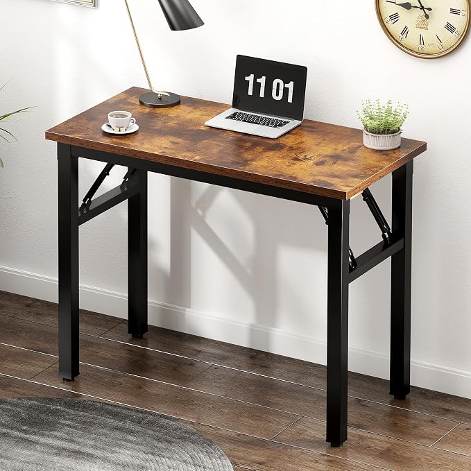 SogesHome No Assembly Folding Computer Desk, 31.5 Inch Small Compact Desk for Home Office, Modern Writing Table with Adjustable Leg Pads, Gaming Desk for Living Room and Small Spaces, Rustic Brown