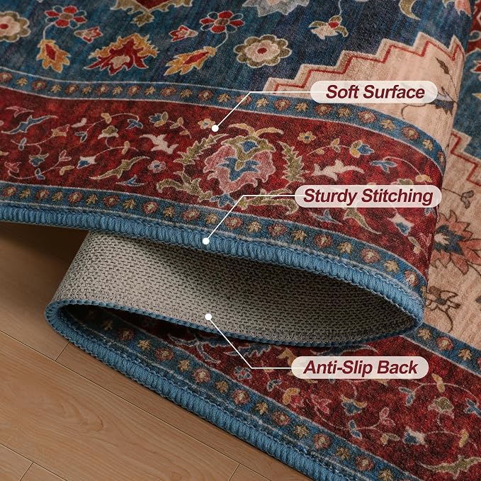 Tangsoo 2.6x8 Washable Runner Rug for Hallways, Non Slip Vintage Runner Rug, Soft Low Pile Long Rug Runner, Print Distressed Carpet Runners for Kitchen Bedroom Entryway Bathroom Living Room Red/Blue