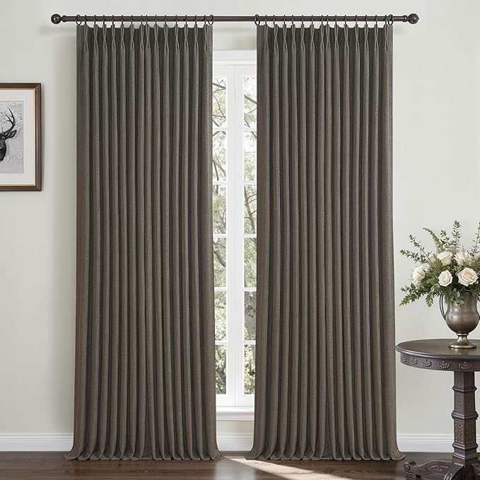 Extra Long 120 Inch Pleated Blackout Curtains for Living Room 2 Panels Set, Chocolate Tart Memory Trained Dual Layer Linen Floor to Ceiling Luxury Curtain Soundproof Large Windows Drapes 10 FT Length