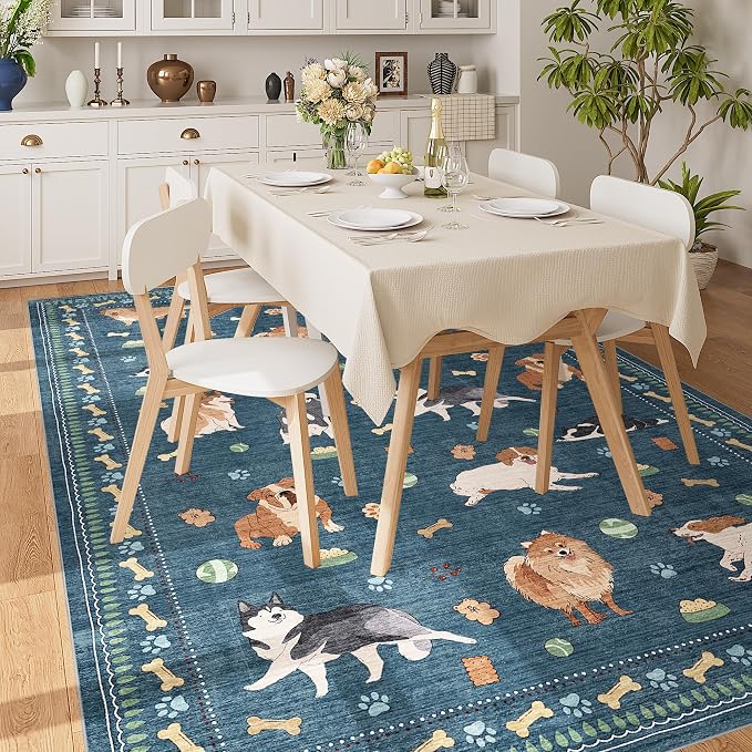 DUKINO 6x9 Rug for Living Room, Lightweight Animal Dog Print Washable Area Rug, Soft Non Slip & Low Pile Floor Mat, Stain Resistant Large Carpet for Bedroom, Nursery, Dining Room, Kids Playroom, Blue