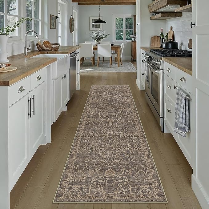 HUGEAR 2x8 Runner Rug Hallway Retro Brown Machine Washable Vintage Floral Low Pile Carpet Vacuumable Distressed Long Throw Rug Bedroom Office Bathroom Kitchen Laundry Non Slip Soft Lightweight