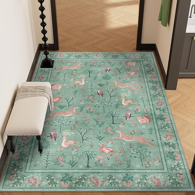 DUKINO 4x6 Rug, Washable Animal Area Rug with Non Slip Vintage Design, Indoor Soft Low Pile Carpet for Bedroom, Nursery, Dining Room, Farmhouse, Playroom, Teal