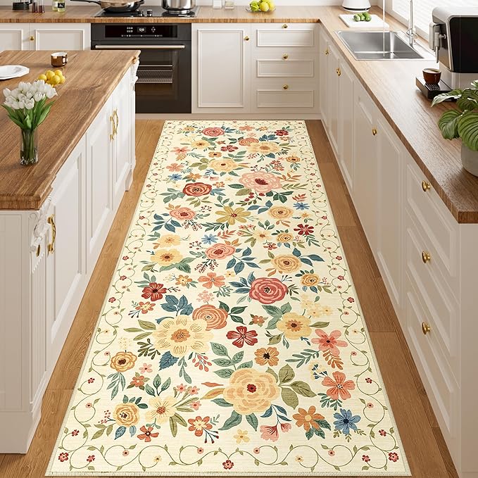 DUKINO 3x8 Washable Runner Rug, Non Slip Soft Floral Hallway Runner Rug with Non Shedding Design, Low Pile Loog Carpet for Kitchen, Hallway, Bathroom, Entryway, Laundry, Beige Yellow