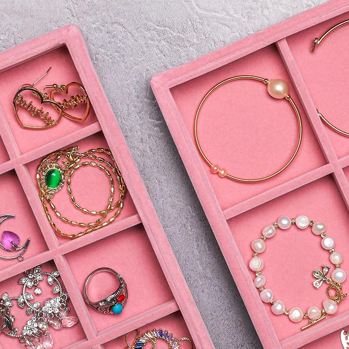 Jewelry Trays for Drawer,Set of 2 Jewelry Organizer and Storage | Velvet Material,Stackable,Adjustable Dividers,Drawer Inserts for Rings Studs Bracelet,Earring Organizer for Women Girls