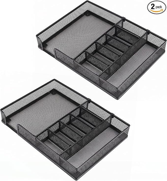 Metal Mesh Desk Drawer Organizer, 2 Pack Desk Organizer Tray with Adjustable Compartments, 4 Dividers Drawer for Office Supplies and Home