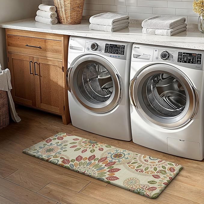 GENIMO Anti Fatigue Kitchen Mats for Floor 2PCS, Cushioned Standing Mats | 17.3"x47"&17.3"x30", Beige Red vintage floral rug set, waterproof, non slip, easy-clean for farmhouse
