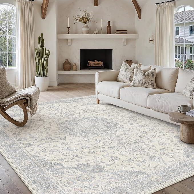 PureCozy 9x12 Area Rug Washable Neutral Gray Blue Vintage Living Room Bedroom Carpet Non Slip Low Pile Soft Floral Indoor Large Grey Throw Rug for Dining Room